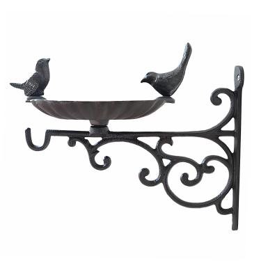 Imagem de Alimentador de banho para pássaros de ferro fundido, banho de pássaro montado na parede, cabide de metal preto para plantador de jardim com suporte para pendurar, gancho de parede para lanternas