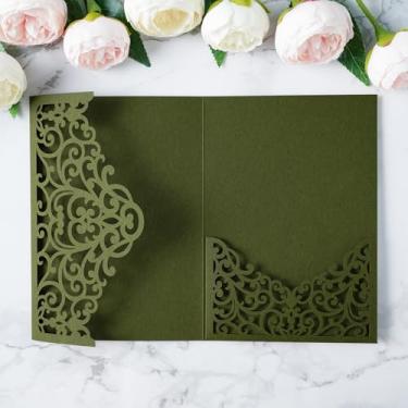 Imagem de ponatia 20 peças de bolsos para convites de casamento com corte a laser verde-oliva, 3 x 18 cm, bolsos de convite cortados a laser para casamento, chá de panela, 15 anos, convite (sem envelopes e