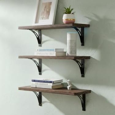 Imagem de Prateleiras de parede marrom escuro com suporte de aço reforçado, fácil de instalar, modelo e vídeo incluídos - Prateleiras de madeira escura para parede, prateleira de madeira para parede, decoração