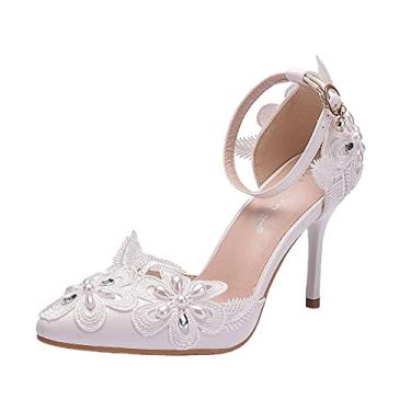 Imagem de Bigfanshu Sandálias femininas de salto alto 9 cm de renda branca salto de strass 9 cm renda branca água feminina cetim salto alto bico fino sexy stilettos slip on sapatos formais, Branco, 34 BR