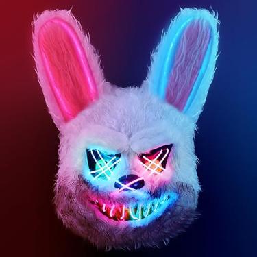 Imagem de ZONESTA Halloween purification mask lights up, LED horror angry rabbit mask bloody plush role-playing horror Halloween costume