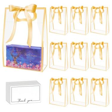 Imagem de Pacote com 15 sacos de presente de plástico transparente com alça, sacolas reutilizáveis de PP para presente com fita para casamento, festa de aniversário, chá de bebê, formatura, compras, negócios