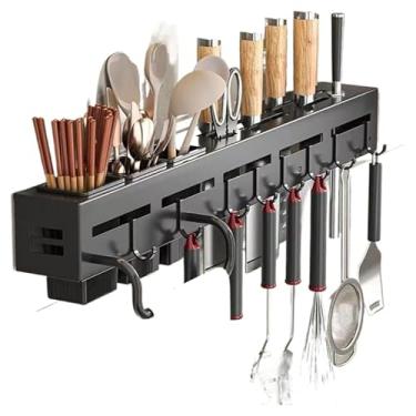 Imagem de Prateleira De Armazenamento Para Cozinha | Com Suporte Para Facas Com Ganchos E Suporte Para Panos De Prato(Preto)