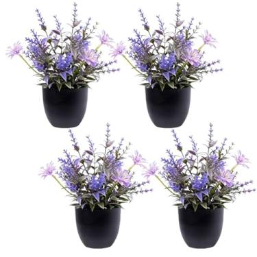 Imagem de 4 peças de plantas de lavanda artificial com vaso, flores roxas falsas realistas para decoração de casa, vasos pequenos sem manutenção, para sala de estar, quarto, banheiro, cozinha, mesa
