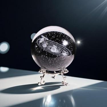 Imagem de Bola decorativa de cristal 3D com esfera de gravação de arte de vidro para exibição e decoração (céu estrelado transparente e padrão do sistema solar)