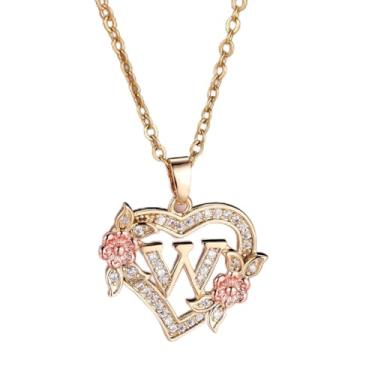 Imagem de Colar feminino com pingente de coração e flor, 26 letras, ouro de aço inoxidável - joia personalizada em tom, Onesize, Aço inoxidável, Strass