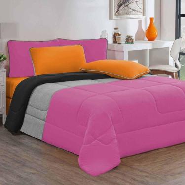 Imagem de Kit Edredom Jogo De Lençol Malha 100% Algodão 7 Peças King Pink-mescla-laranja