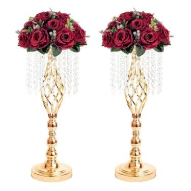 Imagem de Suportes de flores de metal com contas de cristal, centros de mesa de casamento para decoração de mesa, elegantes suportes de arranjos de flores de metal, vasos de flores para decoração de casa de