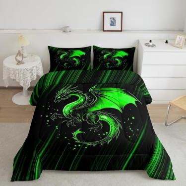 Imagem de Feelyou Jogo de cama de microfibra com estampa de dragão chinês e verde e preto, tamanho solteiro