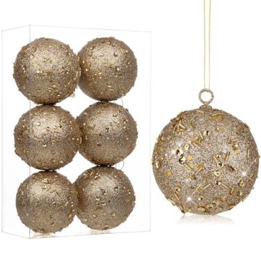 Imagem de Enfeites grandes de bolas de Natal de 8 cm, 6 peças, enfeites de Natal grandes de champanhe à prova de estilhaçamento, para árvore de Natal, grande glitter, enfeite de árvore de Natal para árvores