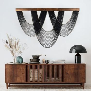 Imagem de LB Macramê grande para pendurar na parede preto, tapeçaria boho para pendurar na parede de macramê arte de parede feita à mão fio tecido arte moderna decoração de casa cabeceira decoração de parede
