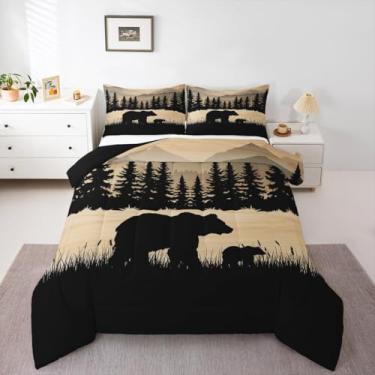 Imagem de Erosebridal Conjunto de cama queen rústico com urso, casa de fazenda, animais da floresta, para crianças, adultos, pinho, vida selvagem, edredom para decoração de quarto, 3 peças