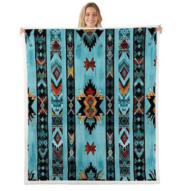 Imagem de Feelyou Cobertor de lã de ovelha do sudoeste azul profundo para bebê 76 cm x 101 cm cobertor geométrico de lã para cama sofá sofá estilo tribal exótico design indígena nativo americano cobertor de