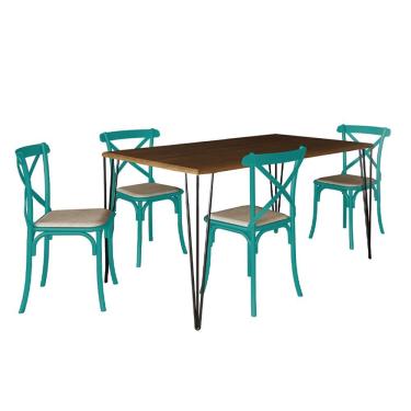 Imagem de Conjunto De Mesa Elen Retangular 150X90Cm Amêndoa Com 4 Cadeiras Katrina Azul Turqu - Marrom