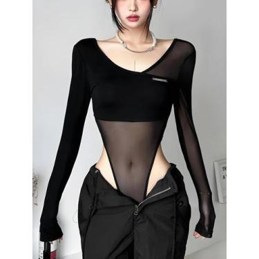 Imagem de Body Feminino Preto Transparente - Manga Comprida, Decote V e Sem Cost