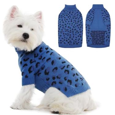 Imagem de ROZKITCH Suéteres para cães pequenos e médios, meninos e meninas, suéter de Natal, pulôver de malha clássico com estampa de leopardo, roupas quentes de inverno para gatos, cães pequenos, jeans azul M