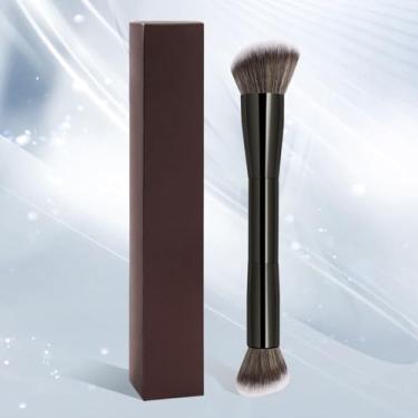 Imagem de 1 pincel de maquiagem de tubo de alumínio de ponta dupla com caixa de papel para aplicar blush, definir pó e outras maquiagens em pó, feito com cerdas macias (ciano)