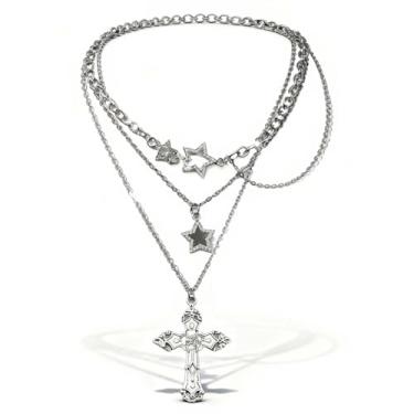 Imagem de Zurlcdye Colar de cruz para mulheres, pingente de cruz de estrela de prata, corrente grossa em camadas, colares góticos elegantes, presentes de aniversário, Natal, joias e presentes, Zinco, Sem Pedra