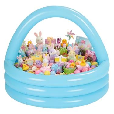 Imagem de VioraWhite Sky Blue Easter Inflatable Gift Basket DIY Blow up Pool Easter Basket Giant 35.43 x 31.5 Inches Round Pool Portable for Game Play Garden Indoor Outdoor Decoration, Not Include Gift