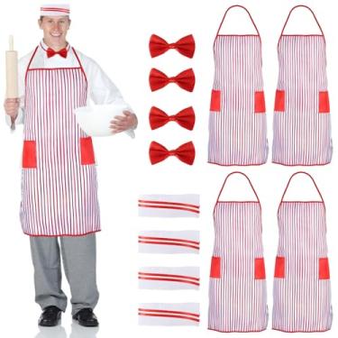 Imagem de LUMINFLY Kit de fantasia de garçonete dos anos 50 para mulheres, avental listrado vermelho, gravata borboleta, chapéu de chef, 4 peças para eventos e carnavais