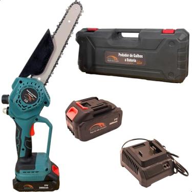 Imagem de Motoserra Portátil Podador de Galhos Elétrico a Bateria, 21V e 2000mah, 440W, Indicador de Nível de Bateria e Óleo, Travamento Automático, Cabo Emborrachado Ergonômico