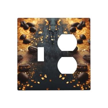 Imagem de LuHuoLu Capas decorativas de madeira preta, grãos de café, pó dourado, 2 gangs, capa de placa de parede, comutador único, dois interruptores de luz, placa de cobertura jumbo