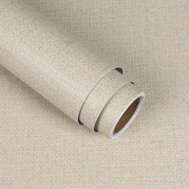 Imagem de VaryStyle Papel de parede bege em tecido de grama texturizado para quarto, banheiro, 39,9 x 299,7 cm, vinil autoadesivo removível, papel de contato de linho bege para gavetas de armários