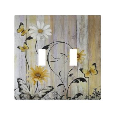 Imagem de Nadoabtm Placas decorativas para interruptor rústico, amarelo, branco, margarida, folha preta, borboleta, girassol, grão de madeira, 2 grupos, placa de parede com interruptor duplo para tomada de luz