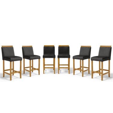 Imagem de Kit Com 6 Banquetas Eloá Madeira Maciça Assento Estofado Para Bancada Courino Preto 503