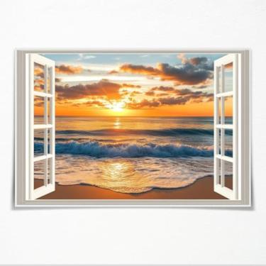 Imagem de Pôr do sol costeiro janela vista parede arte pôster sereno oceano paisagem ilustração para sala de jantar cozinha praia casa decoração 28x35,5 cm sem moldura