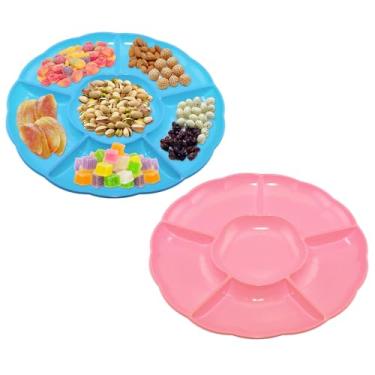 Imagem de CAOXIAOXUYAO Bandejas redondas de plástico de 30,5 cm com 2 unidades, 6 pratos secionais para servir pratos de comida para doces, nozes, vegetais, frutas, ação de graças (2, rosa azul)