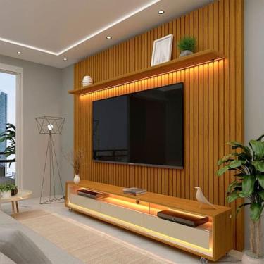 Imagem de Painel Ripado com Rack para TV até 75 Polegadas LED 3 Gavetas 2 Prateleiras com Rodízios 230cm Gelius Móveis Marromle