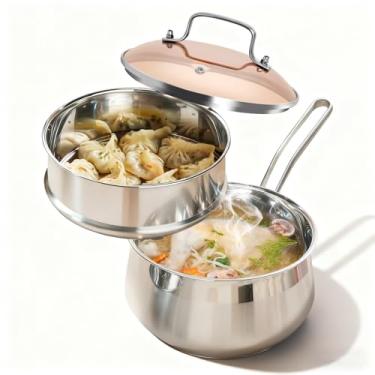 Imagem de Boryenty Panela de aço inoxidável com cesta de vaporizador, panela de 2,5 litros compatível com todos os fogões - Panela de sopa perfeita para cozinhar molhos, macarrão, vegetais e muito mais