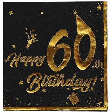Imagem de Guardanapos de aniversário de 60 anos dourados - Guardanapos descartáveis de jantar de 33 cm para decorações de festa de aniversário de 60 anos e aniversário (preto com folha dourada)