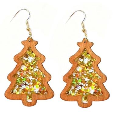 Imagem de Brincos de Natal femininos - Brincos pendentes de árvore de Natal - Brincos pendentes de glitter vermelho e verde brilhante, acessórios de joias para festas festivas, Small, Metal, Sem pedra preciosa