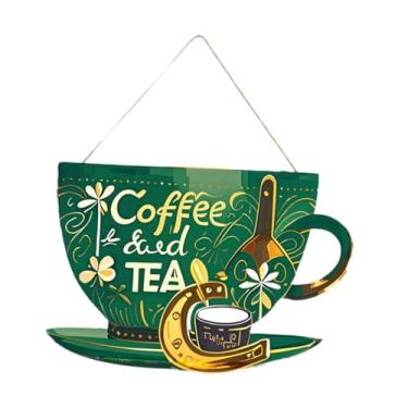 Imagem de MotiveTech Placa de madeira decorativa estilo xícara para porta de cafeteria, estilo retrô, com corda, leve, ideal para vitrines, lojas e cozinhas, Verde