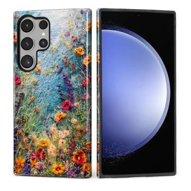 Imagem de ZHEGAILIAN Capa para Samsung Galaxy S23 Ultra, capa rígida à prova de choque + silicone macio 2 em 1, híbrido, à prova de choque, proteção contra quedas, flores silvestres bordadas