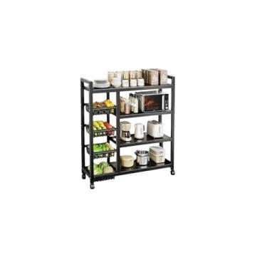 Imagem de Suporte para Micro-ondas com Fruteira de Chão, 4 Prateleiras, 4 Cestos, Aço Carbono, Preto Fosco, Grande com Rodízios Cozinha Organização Multiuso