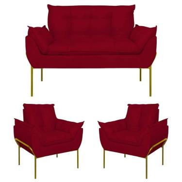 Imagem de Kit 02 Poltronas + Namoradeira Reforçada Opala Metal Dourado Vermelho