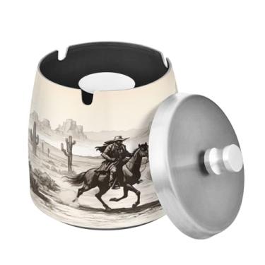 Imagem de Blueangle Cinzeiro American West Cowboy com tampa para cigarros, à prova de vento/chuva, aço inoxidável, sem fumaça, inodoro, cinzeiro para uso interno ou externo (252)