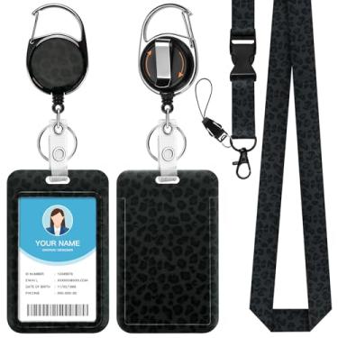 Imagem de Soleebee Porta-crachá de identificação com cordão, emblemas de identificação fofos de leopardo preto e cordão destacável, chaveiro retrátil, carretel resistente com mosquetão giratório de 360° para