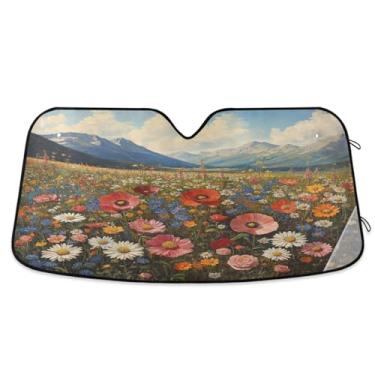 Imagem de ATTX Pintura a óleo vintage flores silvestres pára-brisas carro 144.8 cm x 80.0 cm escudo solar universal com proteção UV, persiana de janela frontal automática dobrável para Sedans SUVs caminhões