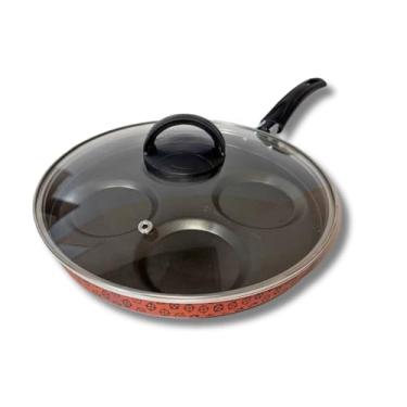 Imagem de Frigideira 4 em 1 Multiuso com Tampa de Vidro Panela Eletrica Multifuncional Para Arroz Carnes(Vermelho rotoprint/Preto)