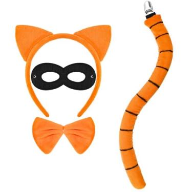 Imagem de JcHrmers Conjunto De 4 Acessórios Para Fantasia Gato Laranja, Incluindo Orelhas, Faixa Cabeça, Rabo, Gravata Borboleta, Máscara Preta Cosplay Do Dia Livro