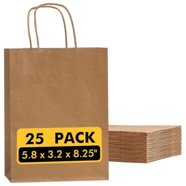 Imagem de Pacote com 25 sacos de papel Kraft pequenos com alças a granel, 14,7 x 8 x 21 cm, sacos de presente marrons para varejo, compras, Natal, festas de aniversário, mini bolsa para negócios, brindes