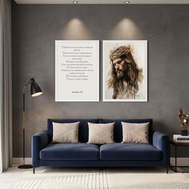 Imagem de Quadro Decorativo Duo Religioso Jesus Cristo Salmos 23 com Moldura, para Sala e Quarto (Moldura Branca, 60x40)