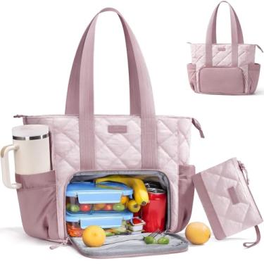 Imagem de Lancheira feminina Puffer, bolsa de trabalho para laptop de 15,6 polegadas com compartimento isolado para almoço e suporte de copo grande, bolsa leve acolchoada e inchada com bolsa para professores