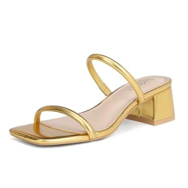 Imagem de Goderci Sandália feminina de salto baixo com bloco grosso, duas tiras, bico aberto, sem cadarço, salto mule, Dourado, 38