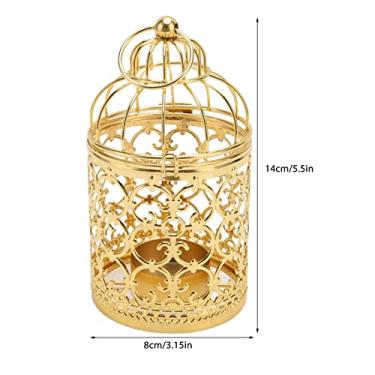 Imagem de Castiçal de gaiola de pássaro vintage requintado elegante oco padrão castiçal de metal para decoração de festa de casamento conjunto de 2 peças (Ouro)