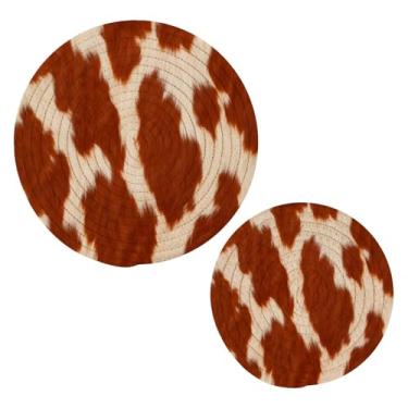 Imagem de Wassud Trivet de vaca marrom e branco para pratos quentes, suportes redondos de algodão, almofadas quentes, porta-copos elegantes, decoração de cozinha e acessórios, 2 peças